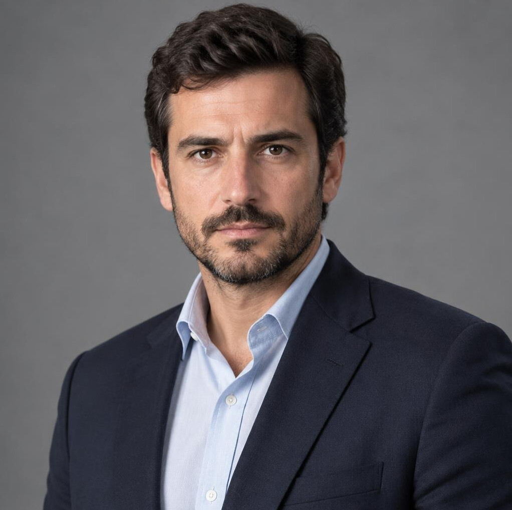 Retrato de um homem português de 30 anos, repórter de investigação, traje casual de negócios