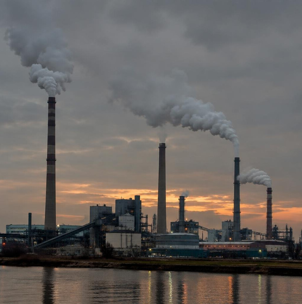 Chaminés industriais a libertar fumo sobre uma zona fabril