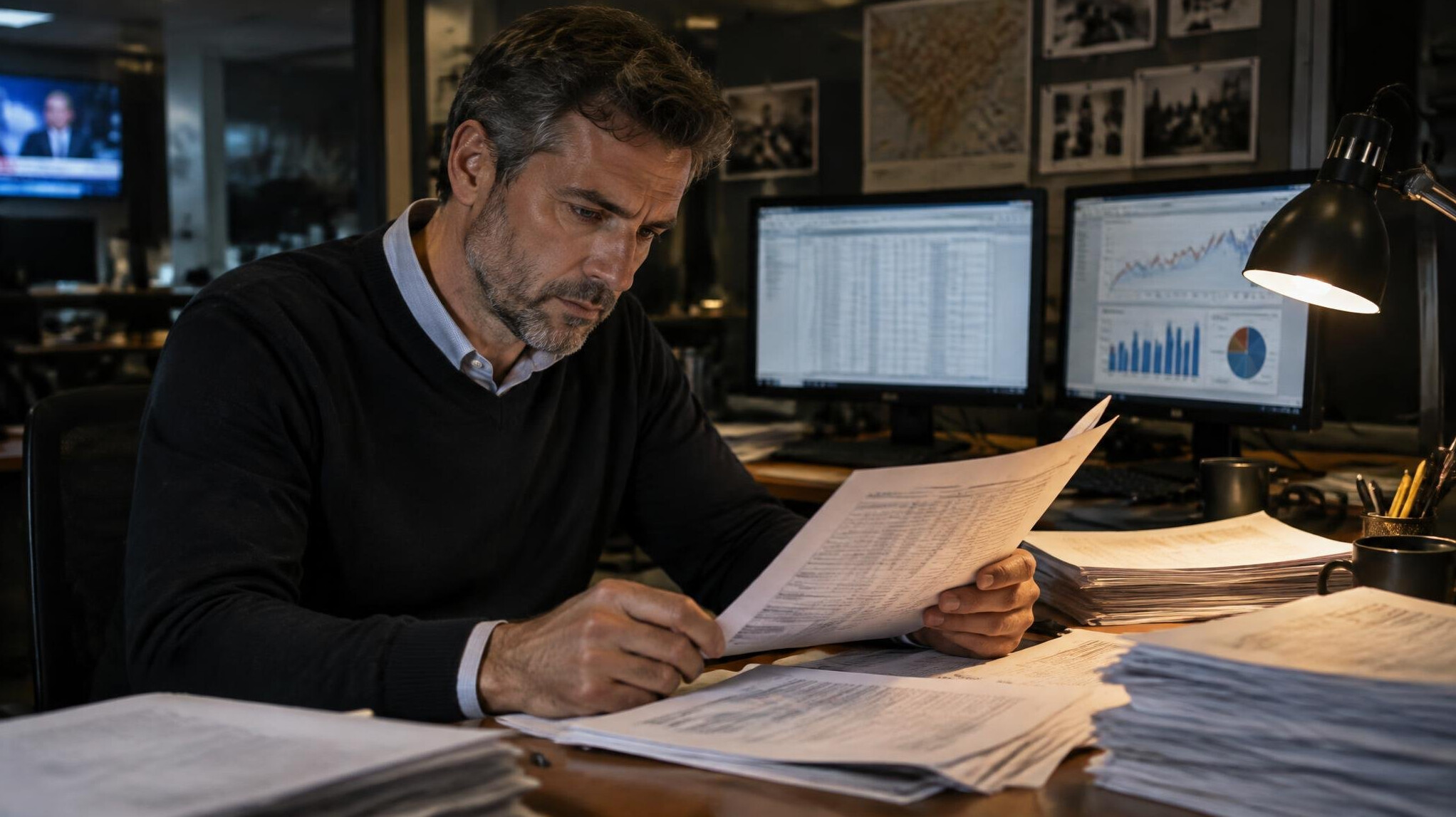 Jornalista de investigação a rever documentos financeiros numa secretária com monitores