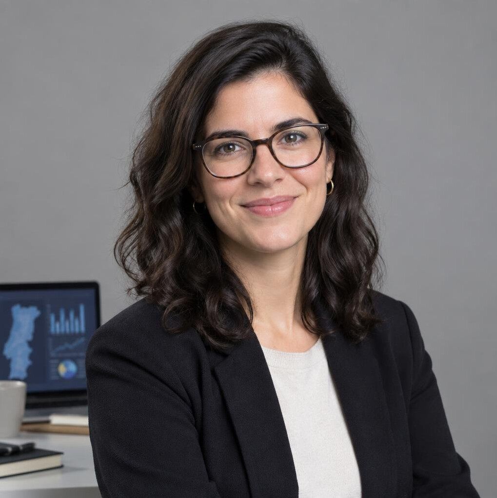 Retrato de uma mulher portuguesa de 30 anos, jornalista de dados, traje casual elegante