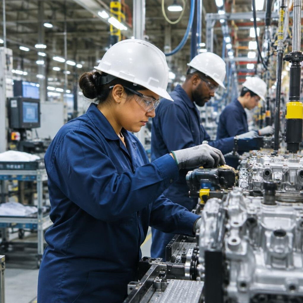 Trabalhadores de fábrica numa linha de produção industrial